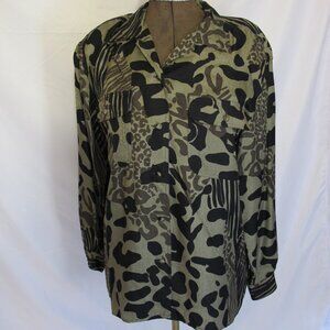 Neiman Marcus Levanté silk olive blouse with black and tan animal prints L